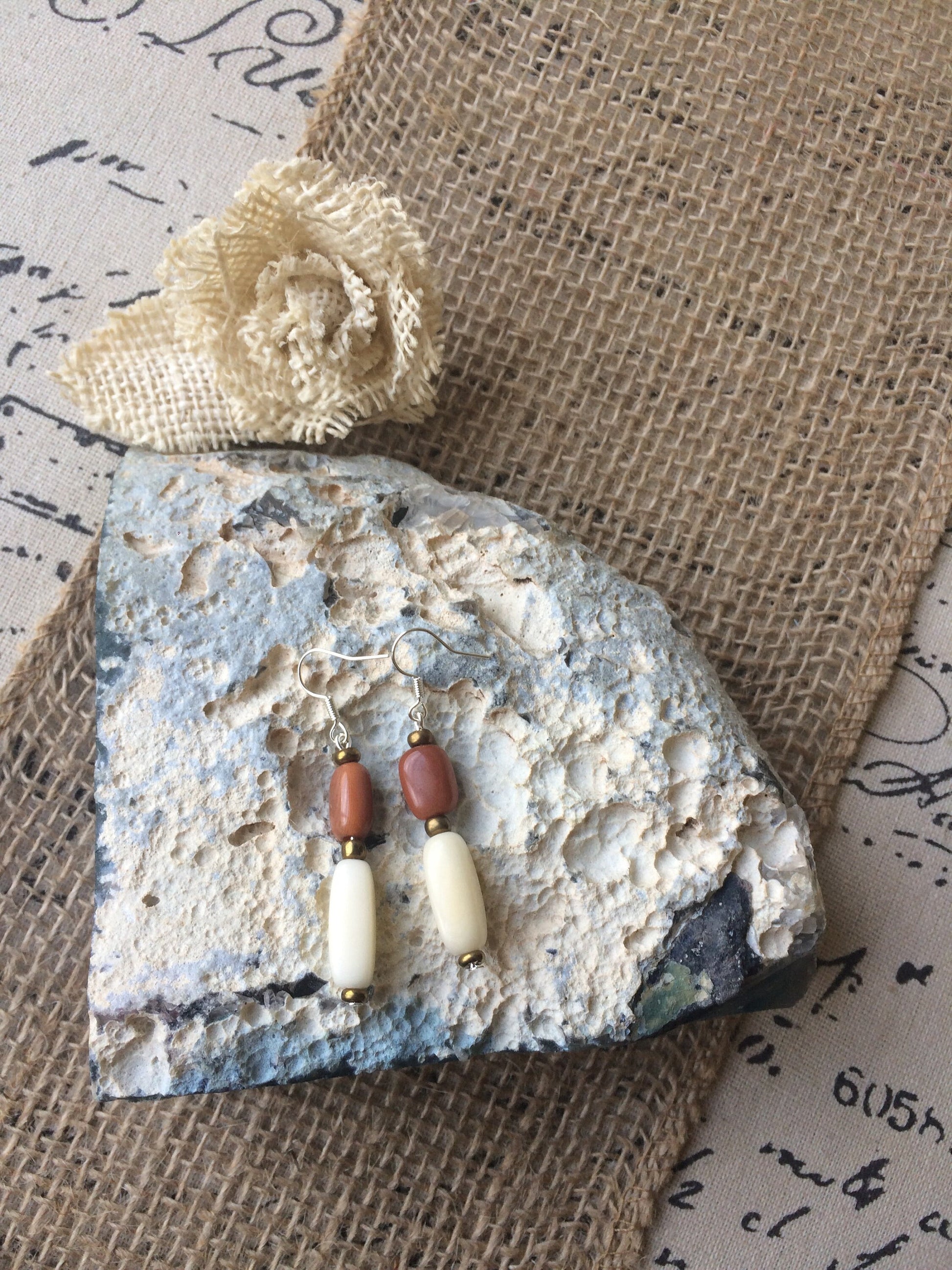 Brown and beige tube bead earrings Tagua jewelry Summer fashion trends Geometric jewelry Long dangles and drop Handmade and lightweight
