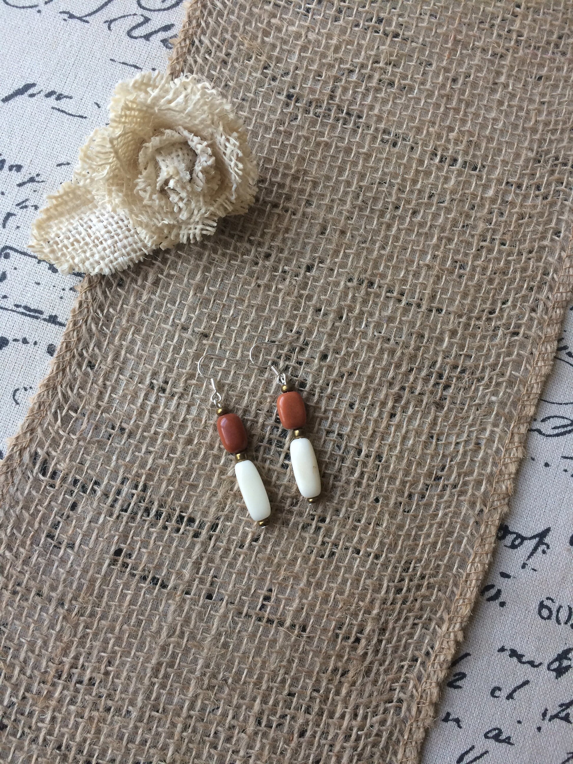 Brown and beige tube bead earrings Tagua jewelry Summer fashion trends Geometric jewelry Long dangles and drop Handmade and lightweight