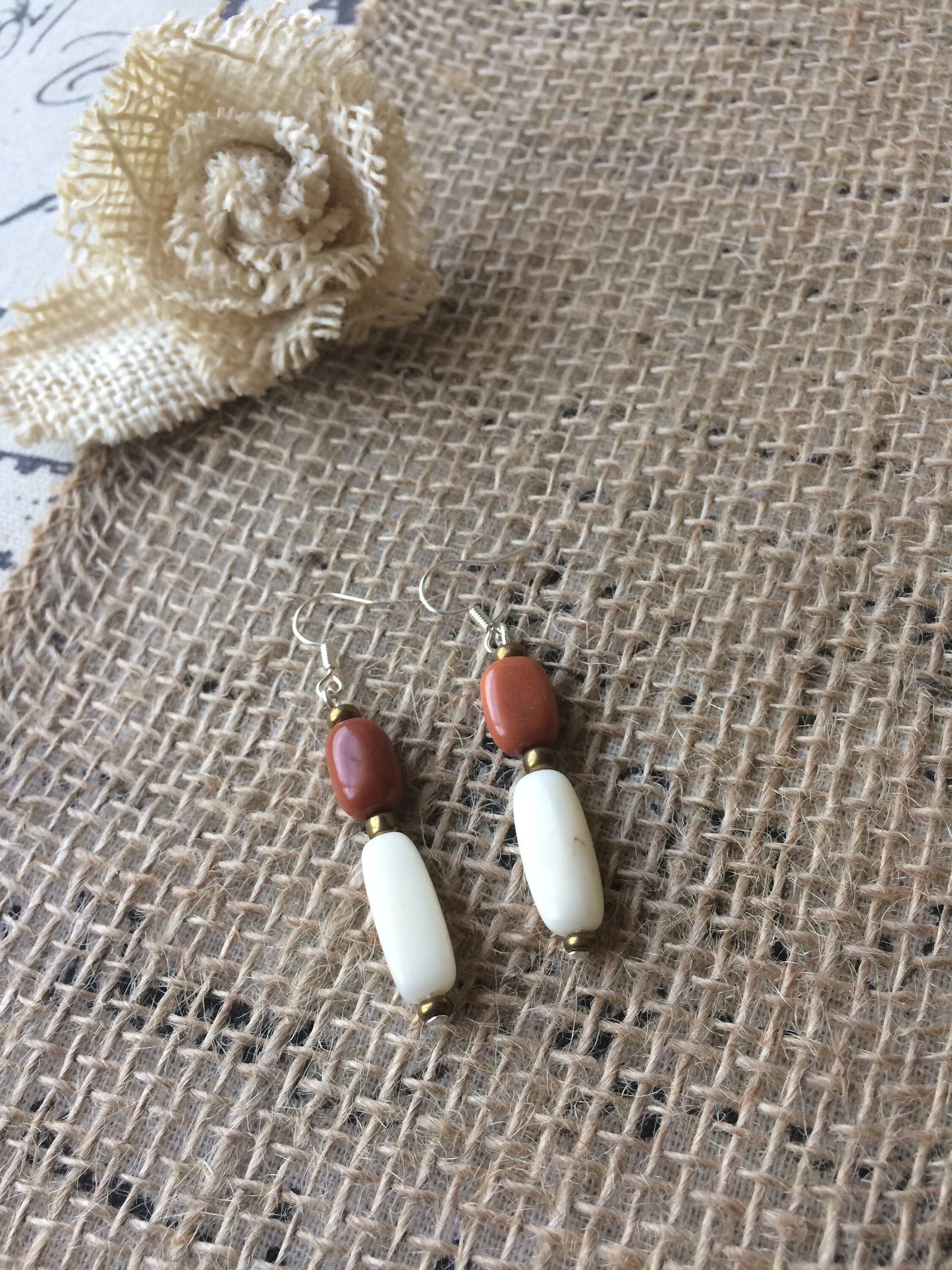 Brown and beige tube bead earrings Tagua jewelry Summer fashion trends Geometric jewelry Long dangles and drop Handmade and lightweight