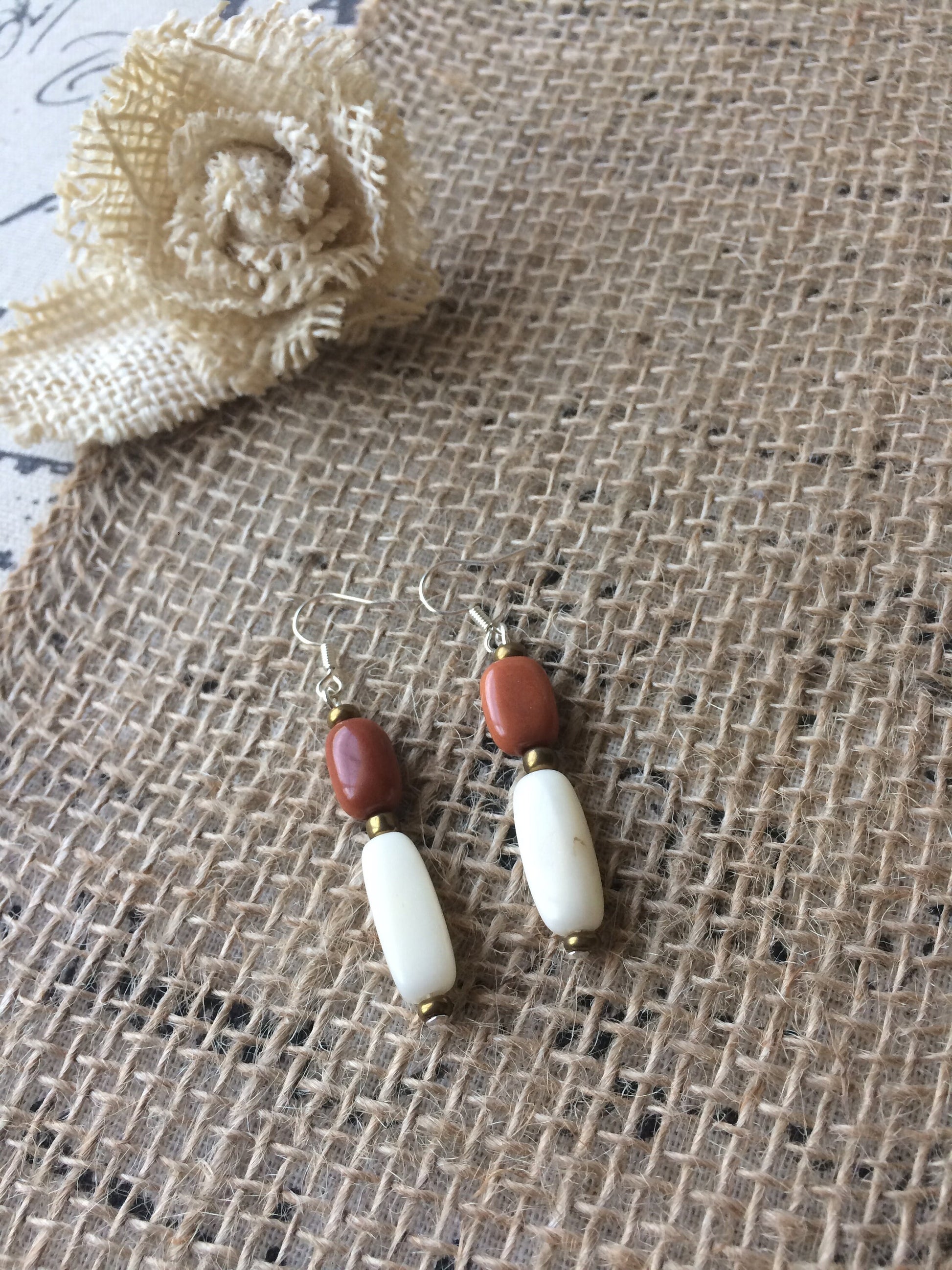 Brown and beige tube bead earrings Tagua jewelry Summer fashion trends Geometric jewelry Long dangles and drop Handmade and lightweight