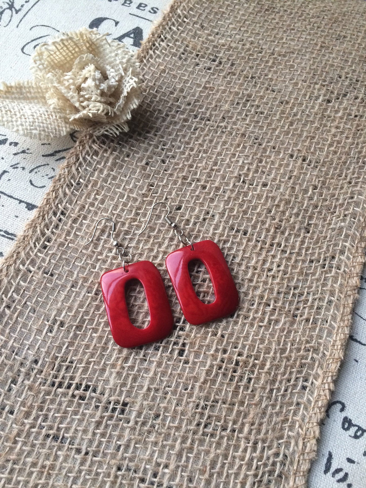 Red geometric earrings Tagua jewelry Mod boho earrings Fall fashion trends Rectangle jewelry Long dangles Anniversary gifts for wife