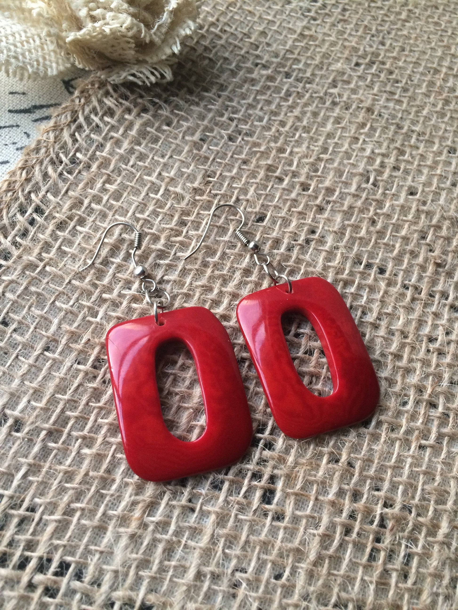 Red geometric earrings Tagua jewelry Mod boho earrings Fall fashion trends Rectangle jewelry Long dangles Anniversary gifts for wife