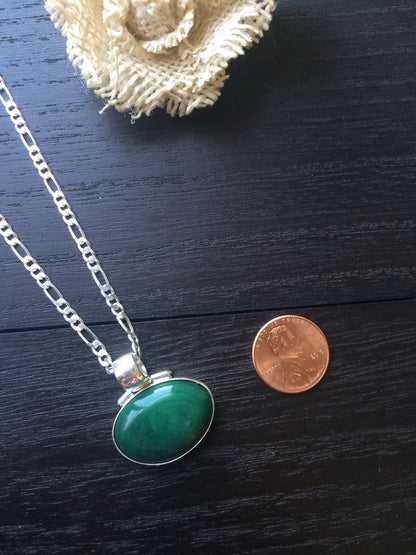 925 Sterling Silver Pendant with Green Tagua in Figaro chain Oval Cabochon Statement fine jewelry Dainty necklace Anniversary gifts for wife