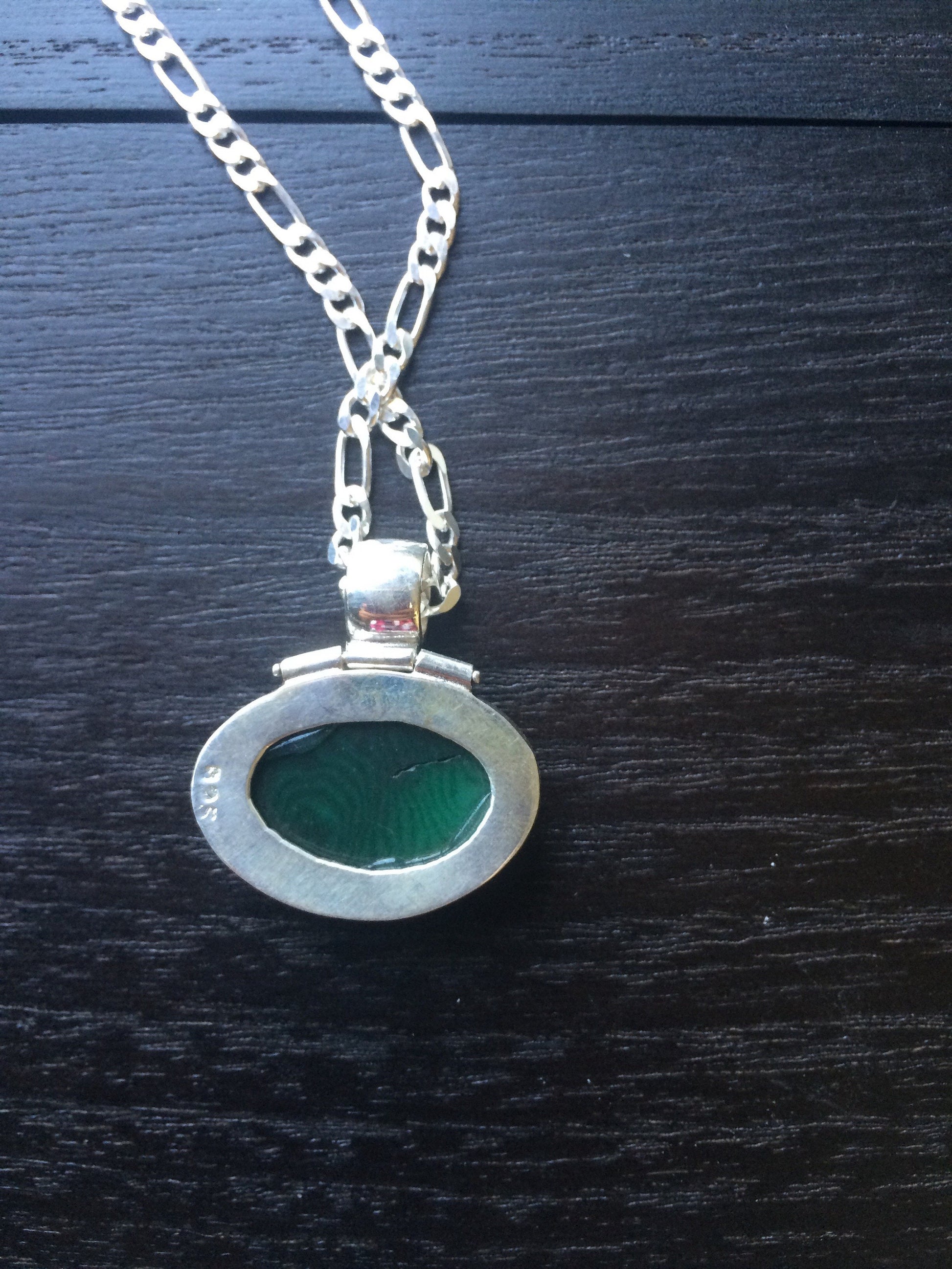 925 Sterling Silver Pendant with Green Tagua in Figaro chain Oval Cabochon Statement fine jewelry Dainty necklace Anniversary gifts for wife