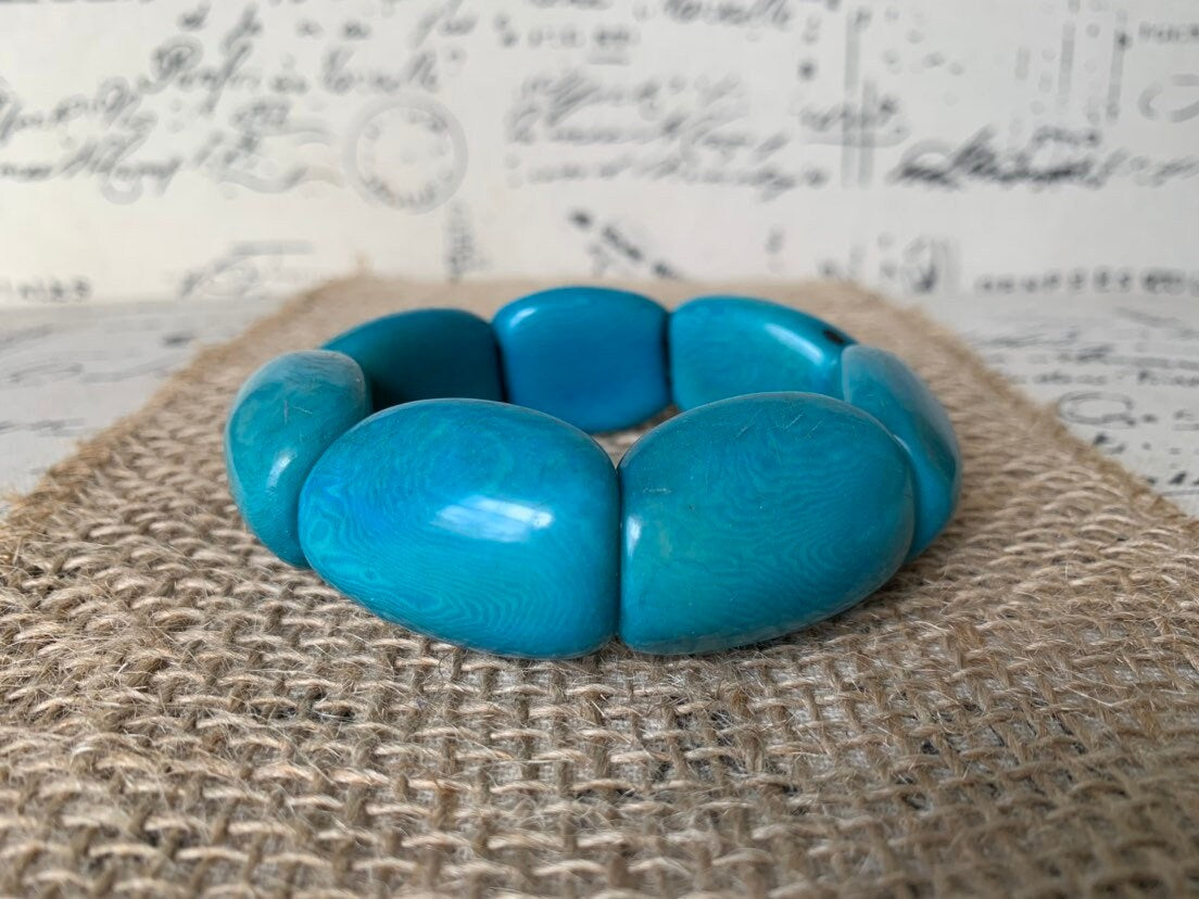 Oversized turquoise beaded bracelet Tagua nut jewelry Wide cuff bangle Handmade stretch bangle Spring jewelry Huge beads Statement handmade