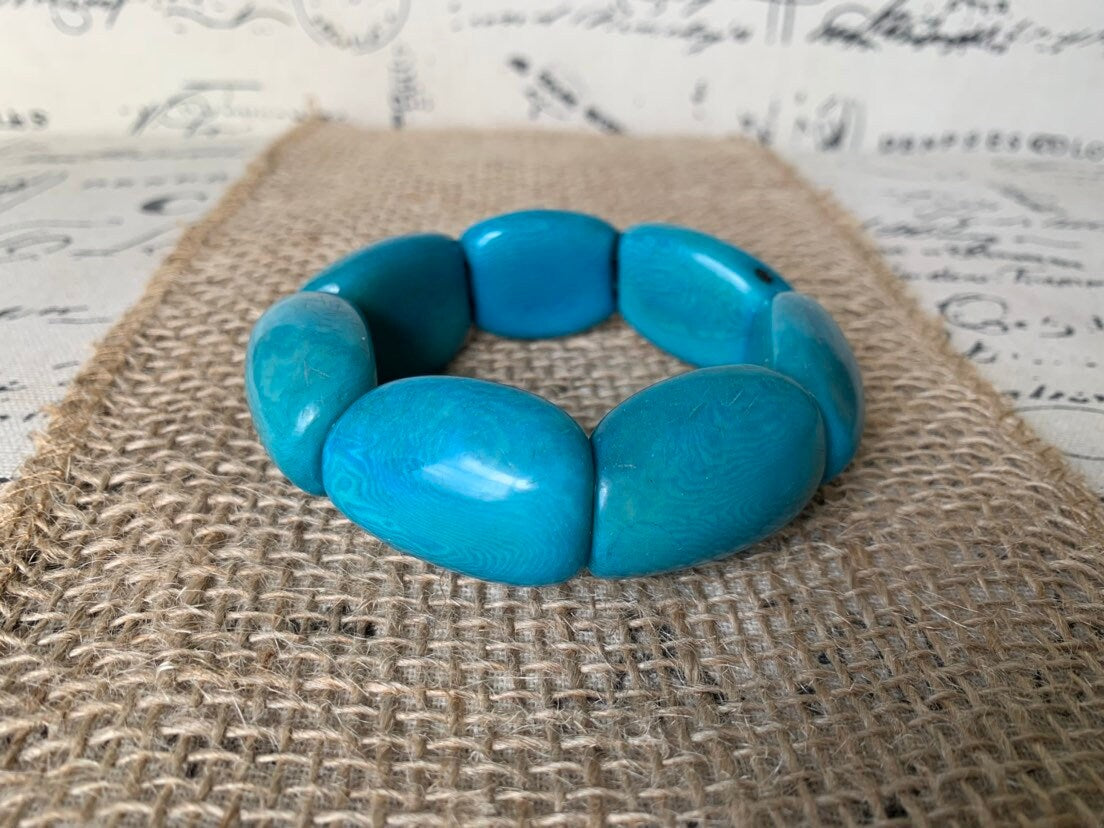 Oversized turquoise beaded bracelet Tagua nut jewelry Wide cuff bangle Handmade stretch bangle Spring jewelry Huge beads Statement handmade