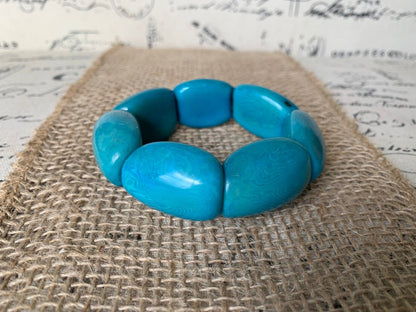 Oversized turquoise beaded bracelet Tagua nut jewelry Wide cuff bangle Handmade stretch bangle Spring jewelry Huge beads Statement handmade