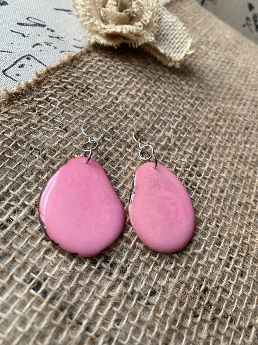 Tagua earrings Big pink earrings Handmade in Ecuador Statement drops for Spring Large dangle earrings Anniversary for wife Mothers day gifts