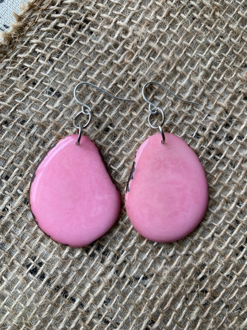 Tagua earrings Big pink earrings Handmade in Ecuador Statement drops for Spring Large dangle earrings Anniversary for wife Mothers day gifts