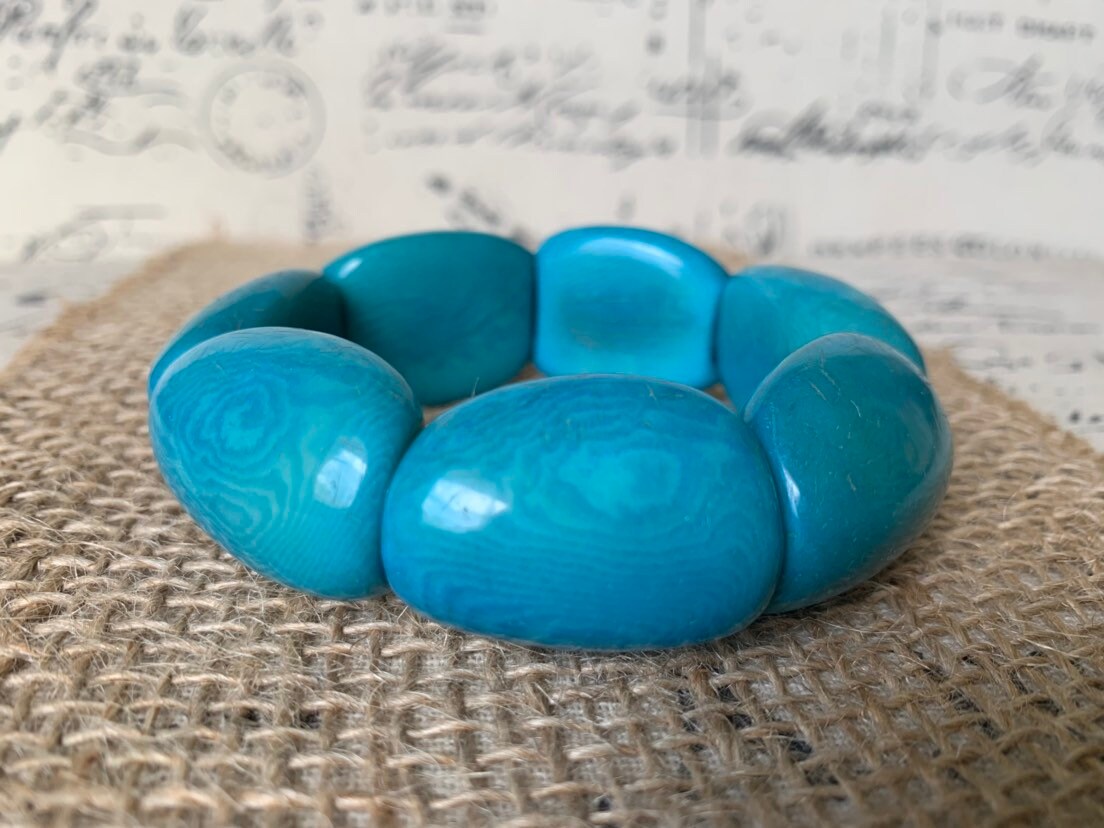 Oversized turquoise beaded bracelet Tagua nut jewelry Wide cuff bangle Handmade stretch bangle Spring jewelry Huge beads Statement handmade