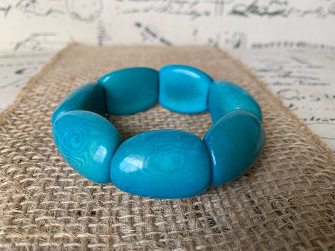 Oversized turquoise beaded bracelet Tagua nut jewelry Wide cuff bangle Handmade stretch bangle Spring jewelry Huge beads Statement handmade
