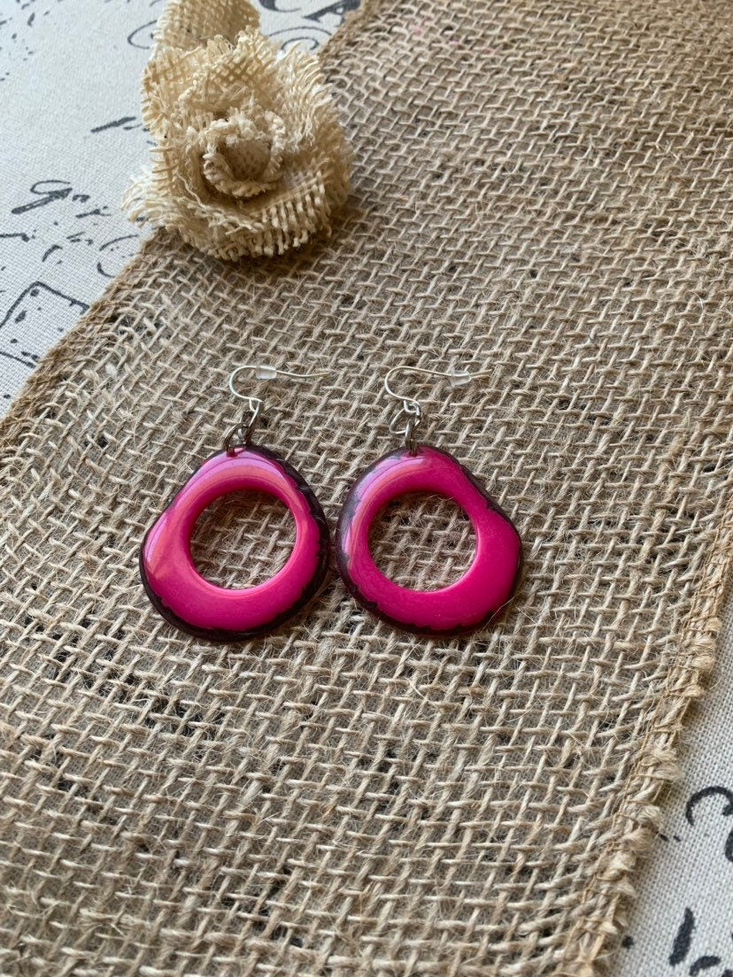 Tagua nut earrings Hot pink jewelry Boho earrings Mother’s Day gifts for wife Large mod hoops Anniversary gift ideas Spring fashion trend