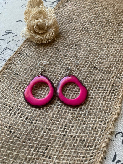 Tagua nut earrings Hot pink jewelry Boho earrings Mother’s Day gifts for wife Large mod hoops Anniversary gift ideas Spring fashion trend