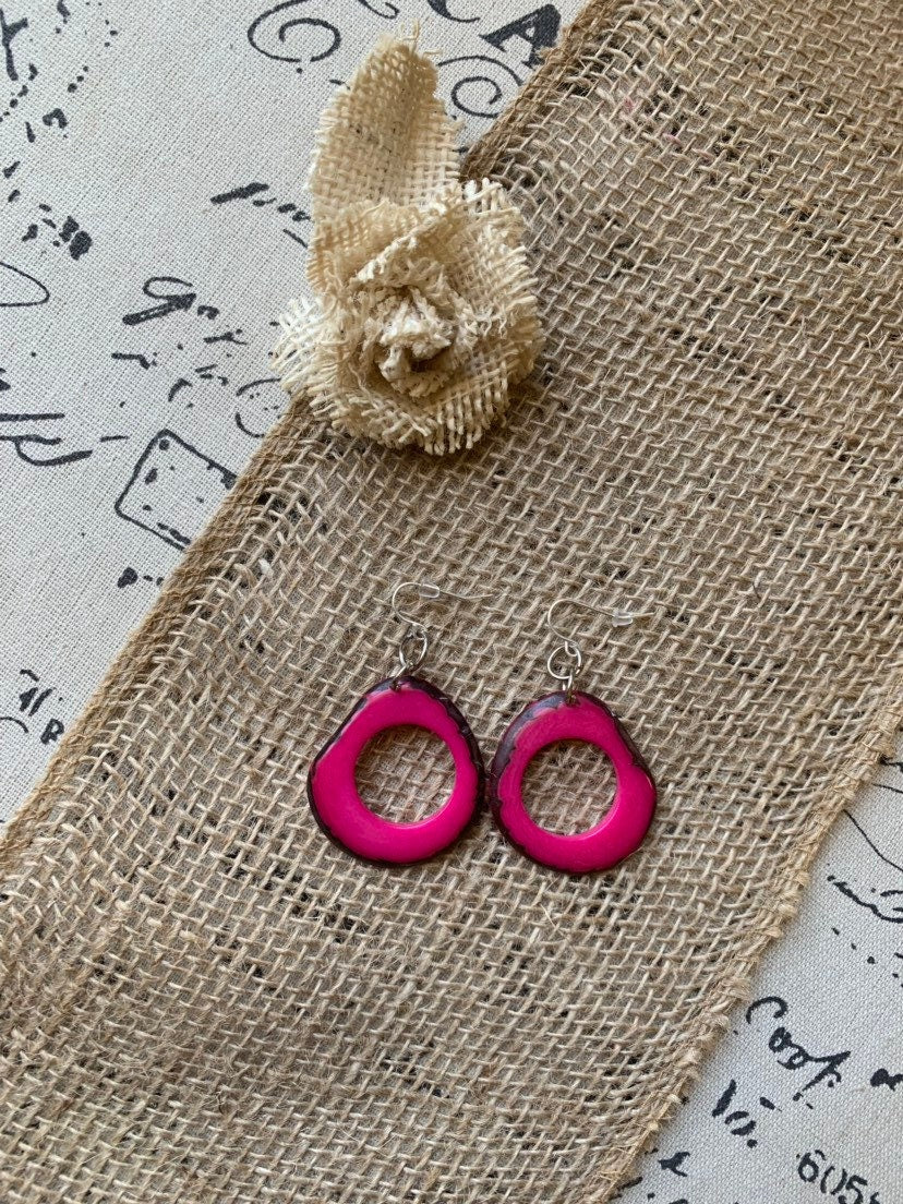 Tagua nut earrings Hot pink jewelry Boho earrings Mother’s Day gifts for wife Large mod hoops Anniversary gift ideas Spring fashion trend