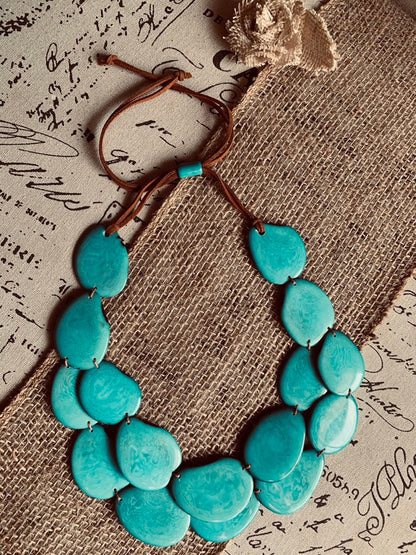 Turquoise statement necklace Tagua jewelry Big bold chunky necklace Fall fashion trends 2023 Double layer bib Anniversary gift 2 two Strand