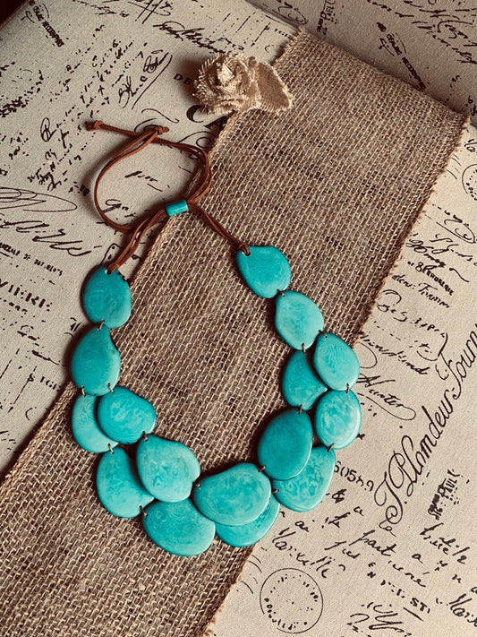 Turquoise statement necklace Tagua jewelry Big bold chunky necklace Fall fashion trends 2023 Double layer bib Anniversary gift 2 two Strand