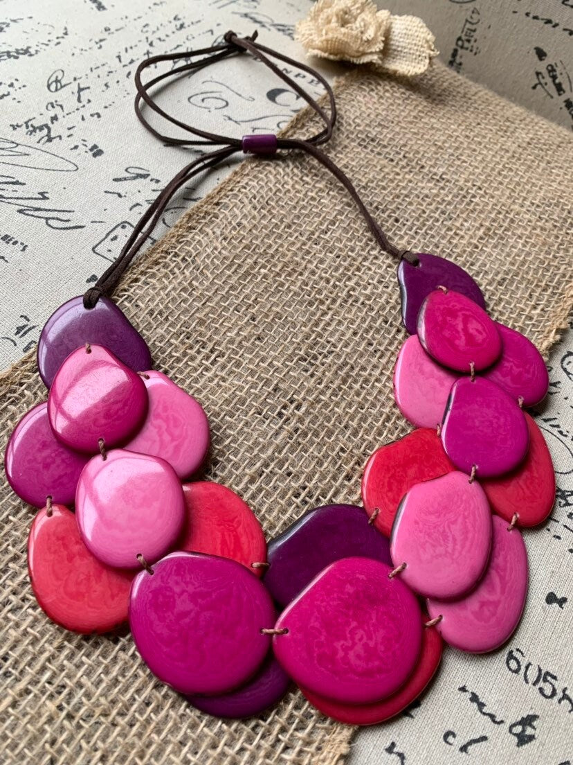 Tagua necklace Pink statement necklace Layered beaded necklace with leather strap Big bold chunky necklace Multi strand bib Holidays gifts