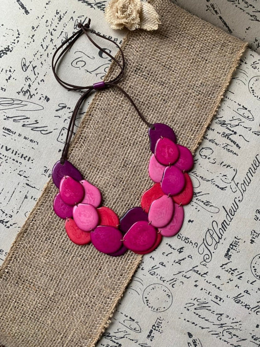 Tagua necklace Pink statement necklace Layered beaded necklace with leather strap Big bold chunky necklace Multi strand bib Holidays gifts