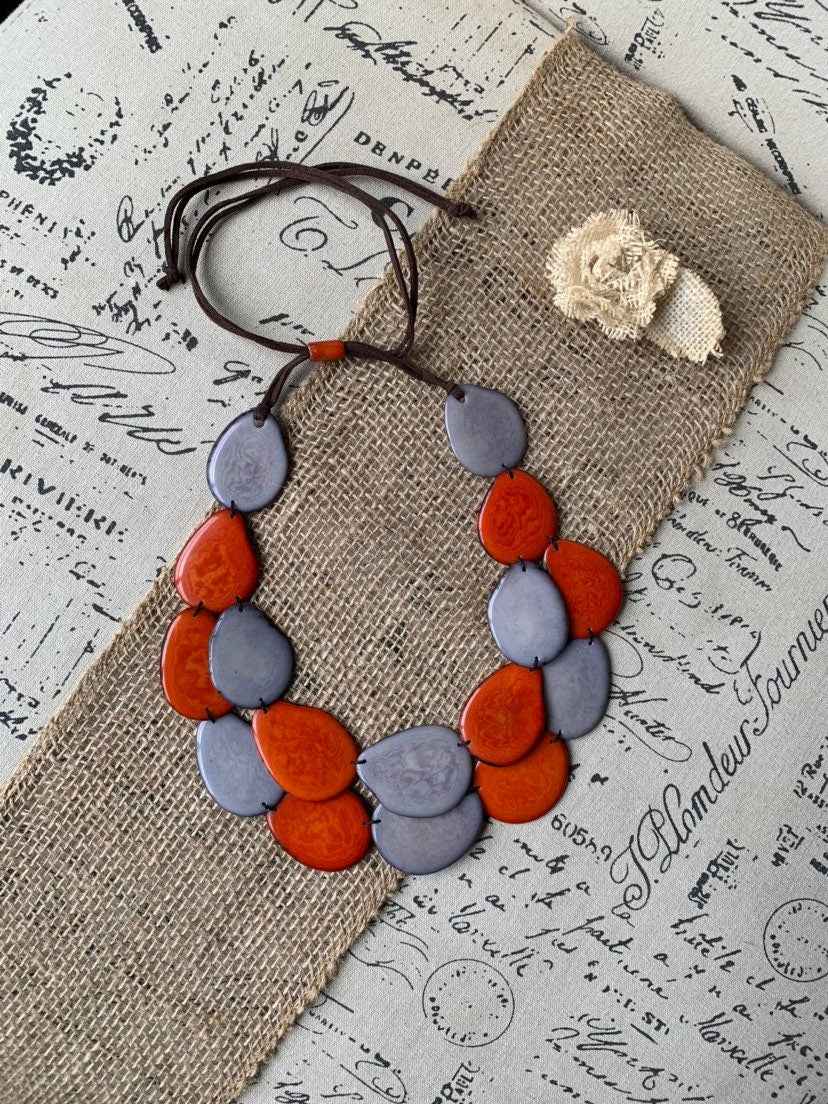 Burnt orange and gray beaded necklace Tagua jewelry Anniversary gifts Big bold chunky necklace Beach style Fall trendy fashion Organic