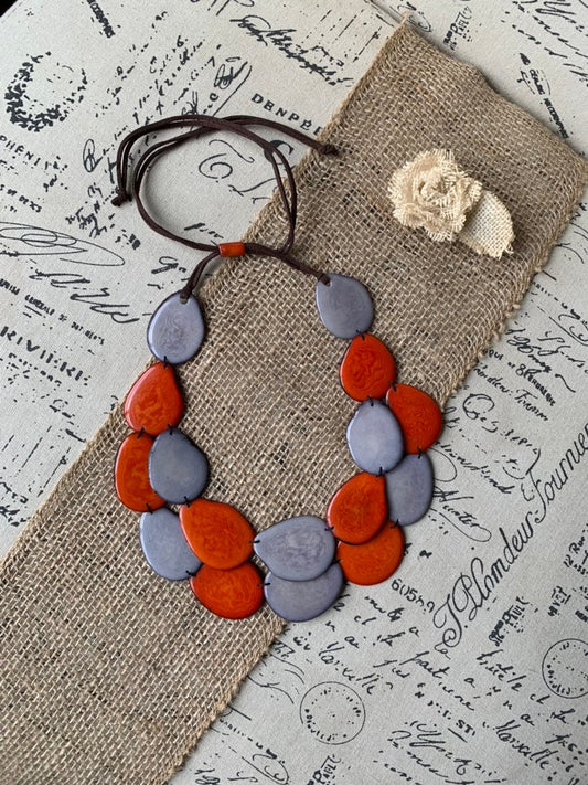 Burnt orange and gray beaded necklace Tagua jewelry Anniversary gifts Big bold chunky necklace Beach style Fall trendy fashion Organic