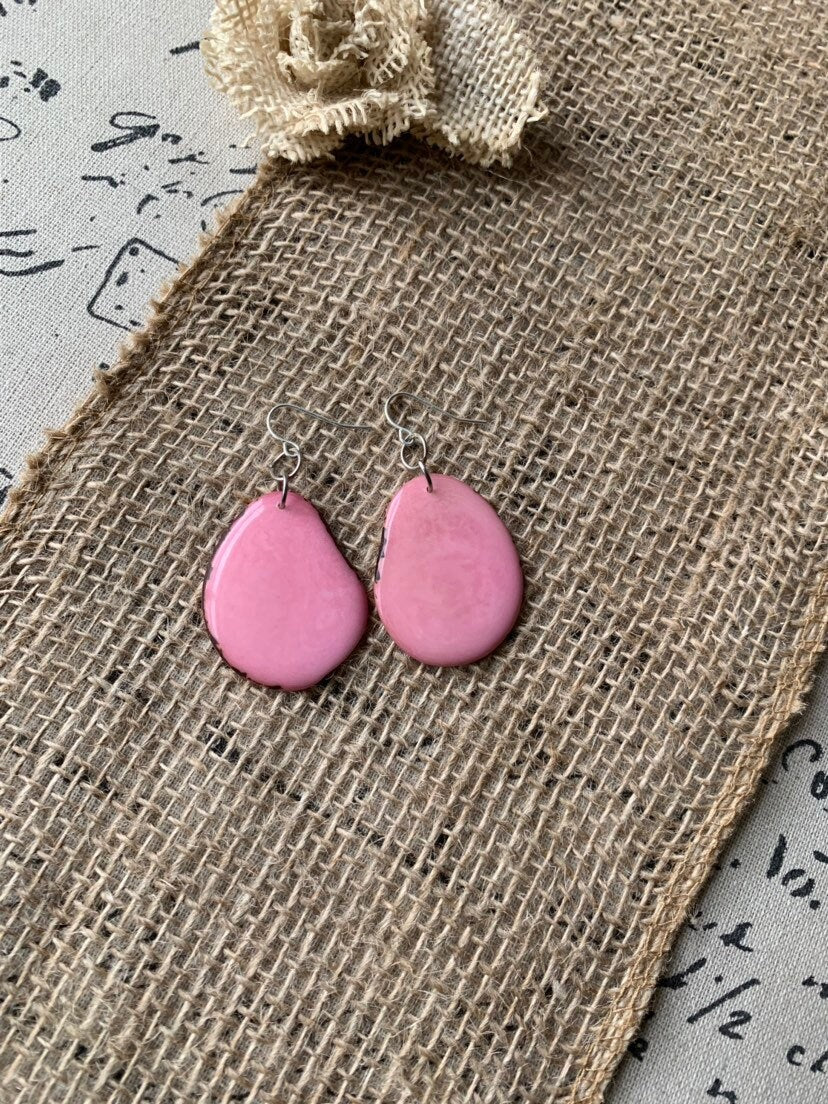 Tagua earrings Big pink earrings Handmade in Ecuador Statement drops for Spring Large dangle earrings Anniversary for wife Mothers day gifts