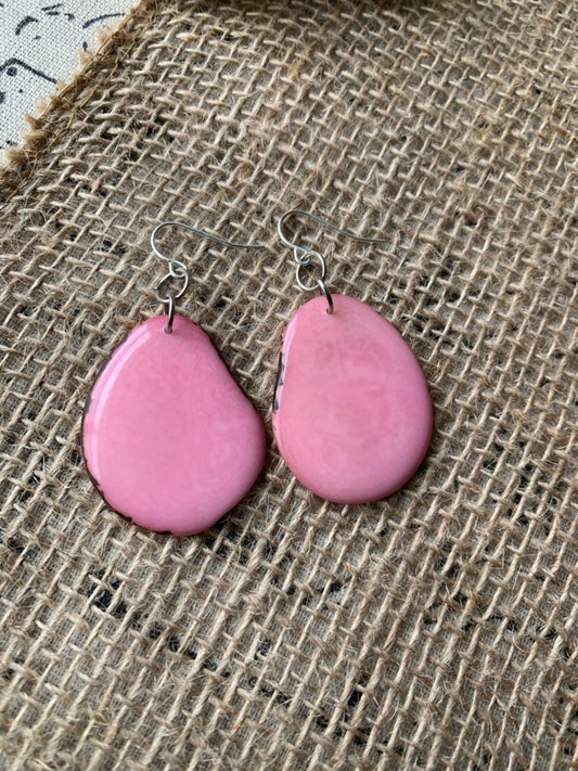 Tagua earrings Big pink earrings Handmade in Ecuador Statement drops for Spring Large dangle earrings Anniversary for wife Mothers day gifts
