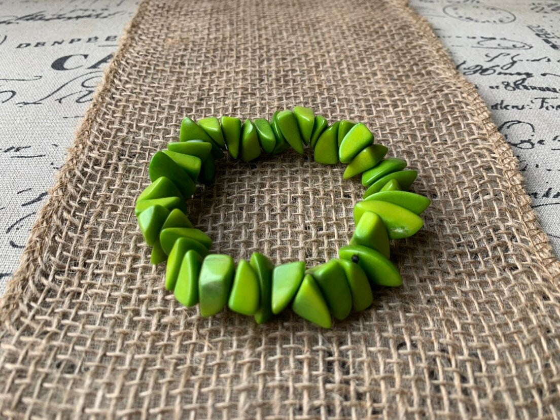 Lemon green beaded bracelet Tagua jewelry Mother's day gifts Fashion jewelry Elastic stretch bangle Gift from Colombia Unusual bracelet