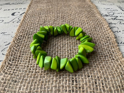 Lemon green beaded bracelet Tagua jewelry Mother's day gifts Fashion jewelry Elastic stretch bangle Gift from Colombia Unusual bracelet