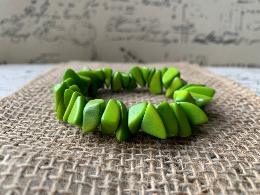 Lemon green beaded bracelet Tagua jewelry Mother's day gifts Fashion jewelry Elastic stretch bangle Gift from Colombia Unusual bracelet