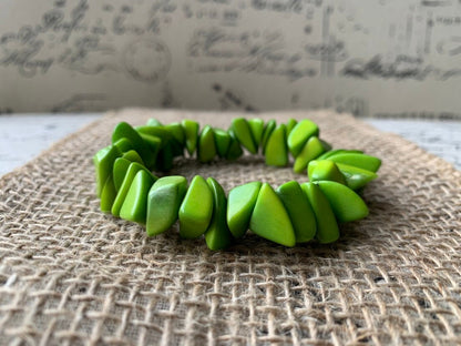 Lemon green beaded bracelet Tagua jewelry Mother's day gifts Fashion jewelry Elastic stretch bangle Gift from Colombia Unusual bracelet