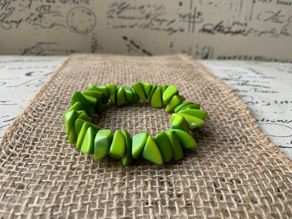 Lemon green beaded bracelet Tagua jewelry Mother's day gifts Fashion jewelry Elastic stretch bangle Gift from Colombia Unusual bracelet