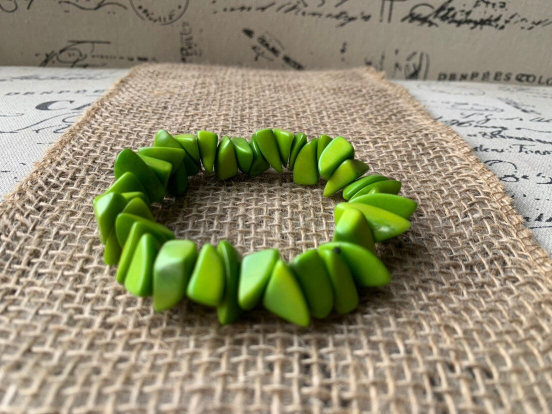 Lemon green beaded bracelet Tagua jewelry Mother's day gifts Fashion jewelry Elastic stretch bangle Gift from Colombia Unusual bracelet