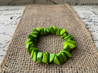 Lemon green beaded bracelet Tagua jewelry Mother's day gifts Fashion jewelry Elastic stretch bangle Gift from Colombia Unusual bracelet