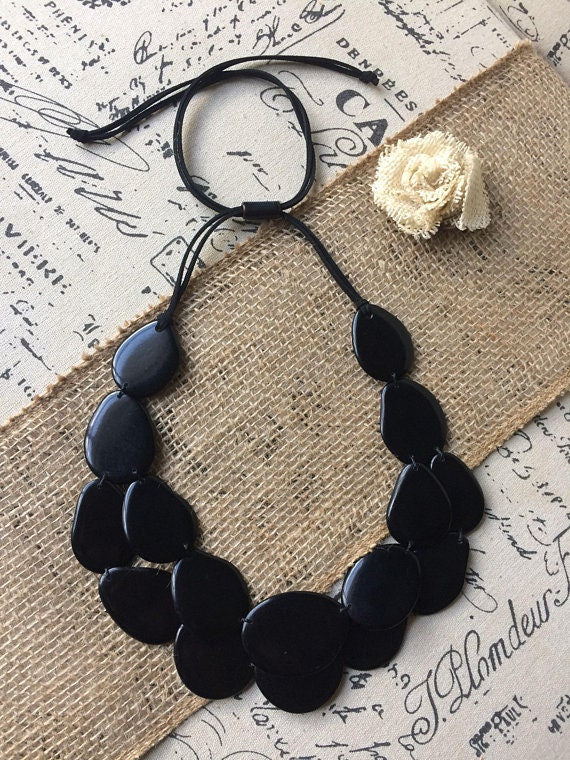 Black statement Necklace Tagua nut jewelry Big bold chunky necklaces Double layer bib Two strands collar Fall fashion trend Holidays style
