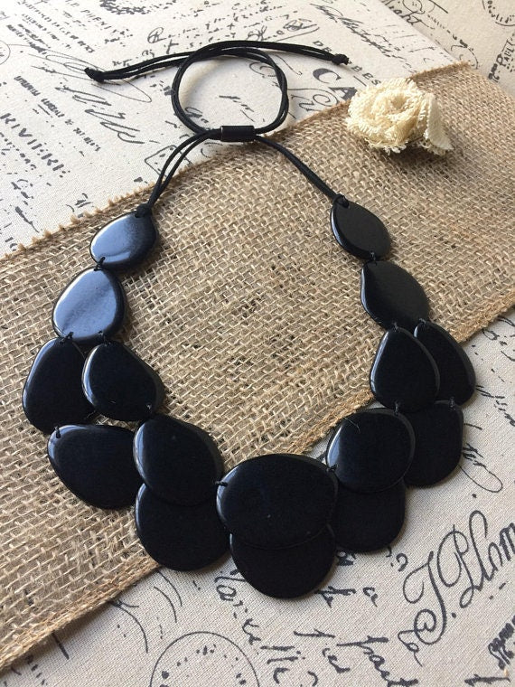 Black statement Necklace Tagua nut jewelry Big bold chunky necklaces Double layer bib Two strands collar Fall fashion trend Holidays style