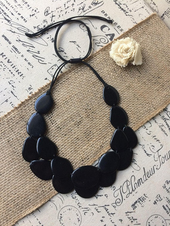 Black statement Necklace Tagua nut jewelry Big bold chunky necklaces Double layer bib Two strands collar Fall fashion trend Holidays style
