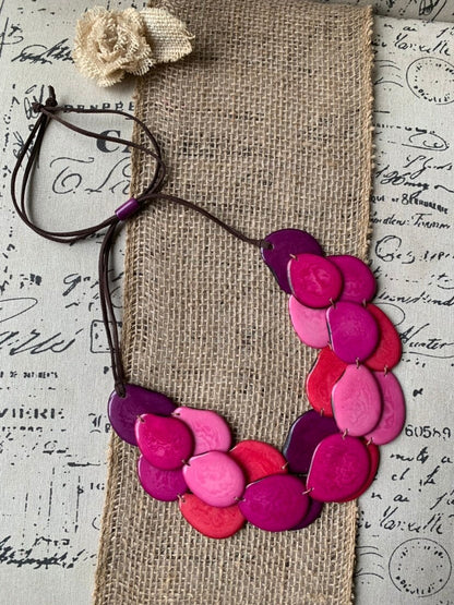 Tagua necklace Pink statement necklace Layered beaded necklace with leather strap Big bold chunky necklace Multi strand bib Holidays gifts