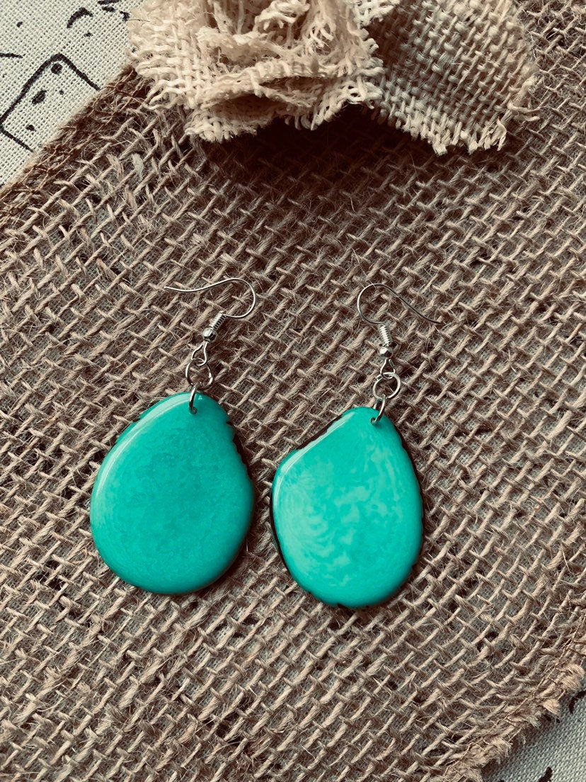 Turquoise green earrings Tagua earrings Eco friendly jewelry Ecuador handmade Custom jewelry for women Statement dangle and drop Spring look