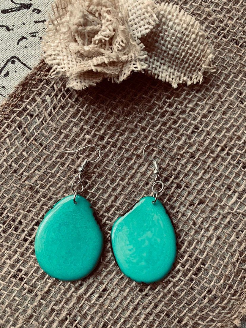 Turquoise green earrings Tagua earrings Eco friendly jewelry Ecuador handmade Custom jewelry for women Statement dangle and drop Spring look