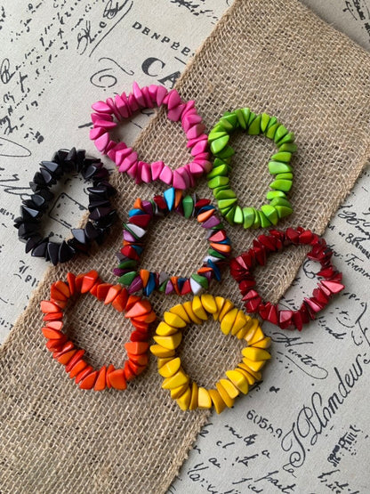 Lemon green beaded bracelet Tagua jewelry Mother's day gifts Fashion jewelry Elastic stretch bangle Gift from Colombia Unusual bracelet