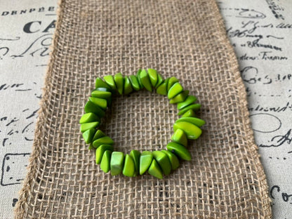 Lemon green beaded bracelet Tagua jewelry Mother's day gifts Fashion jewelry Elastic stretch bangle Gift from Colombia Unusual bracelet