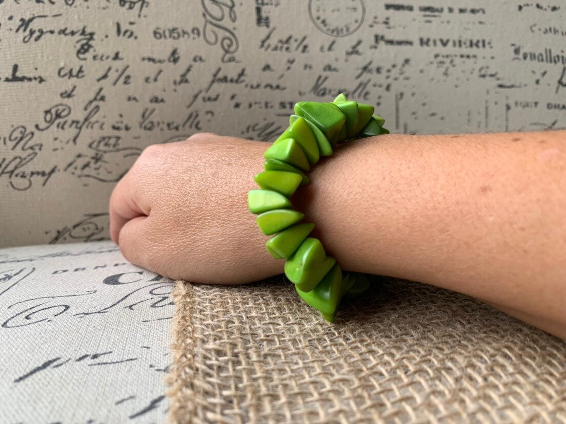 Lemon green beaded bracelet Tagua jewelry Mother's day gifts Fashion jewelry Elastic stretch bangle Gift from Colombia Unusual bracelet
