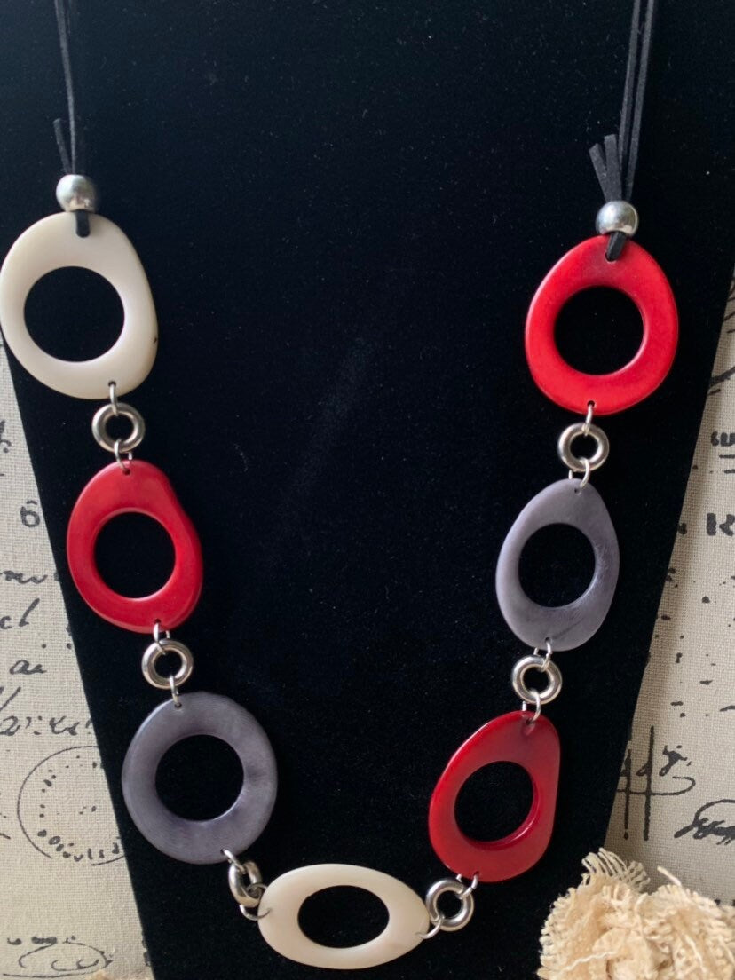 Tagua necklace Red white and gray statement necklace Holidays fashion trends Anniversary gifts for wife Handmade beaded Christmas gifts