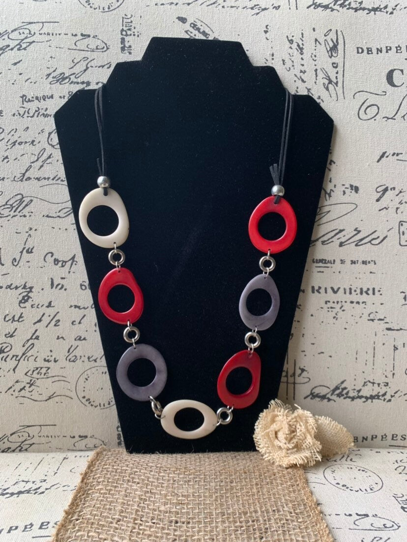 Tagua necklace Red white and gray statement necklace Holidays fashion trends Anniversary gifts for wife Handmade beaded Christmas gifts