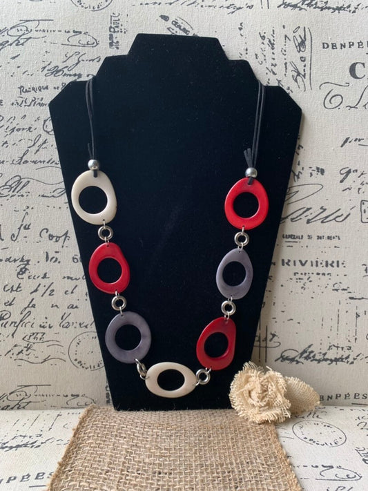 Tagua necklace Red white and gray statement necklace Holidays fashion trends Anniversary gifts for wife Handmade beaded Christmas gifts
