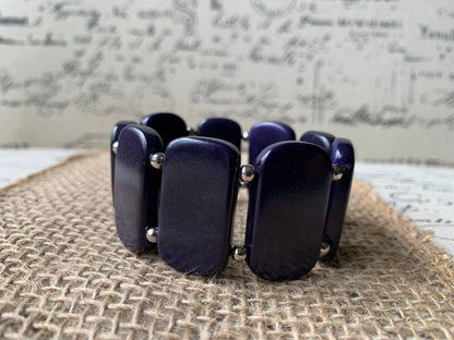 Dark Purple statement bracelet Tagua jewelry Beaded stretch bangle Geometric square beads Beach fashion Spring trends Anniversary gift ideas