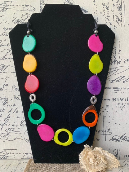 Multi color statement necklace Rainbow Tagua nut necklace Geometric jewelry Big bold chunky necklace Artisan handmade Fall fashion trends