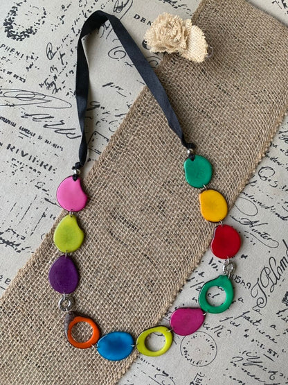 Multi color statement necklace Rainbow Tagua nut necklace Geometric jewelry Big bold chunky necklace Artisan handmade Fall fashion trends
