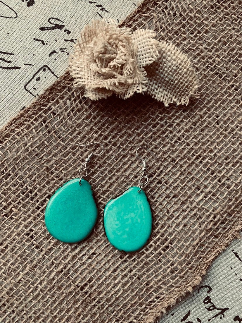 Turquoise green earrings Tagua earrings Eco friendly jewelry Ecuador handmade Custom jewelry for women Statement dangle and drop Spring look