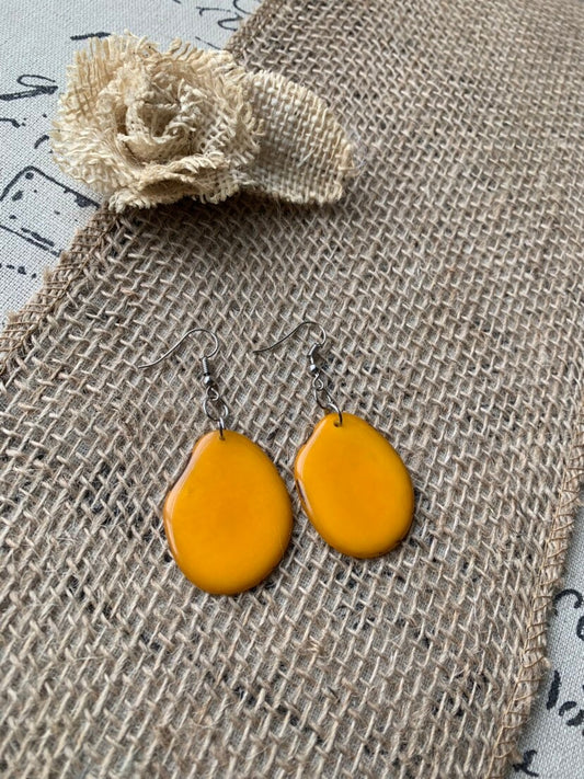 Mustard yellow earrings Tagua jewelry Statement dangle drops Summer fashion trends Artisan handmade in Ecuador Mod unusual trendy For beach